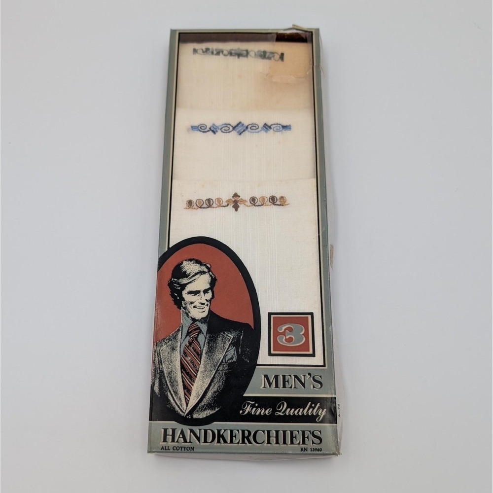 VTG Men's Fine Quality Handkerchiefs NOS Embroidered White Cotton Set 3 Box